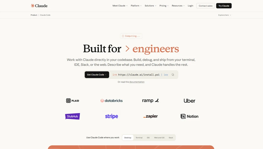 Webseite mit hellem Hintergrund; Überschrift Built for; Logos von Partnern wie Plaid, databricks, ramp, Uber, Stripe, Notion.