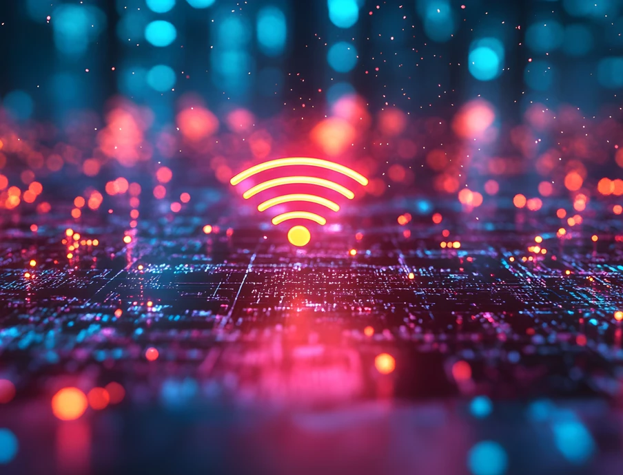 Abstrakte digitale Netzwerkszene mit blauen und pinken Lichtern; zentral ein orangefarbenes WLAN-Symbol.