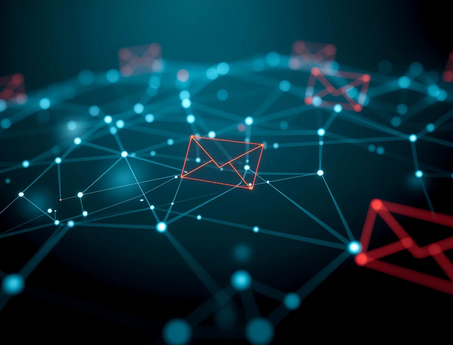 Dunkler Hintergrund mit blauem, leuchtendem Netz aus Punkten und Linien; rote Briefumschläge verteilen sich im Bild.