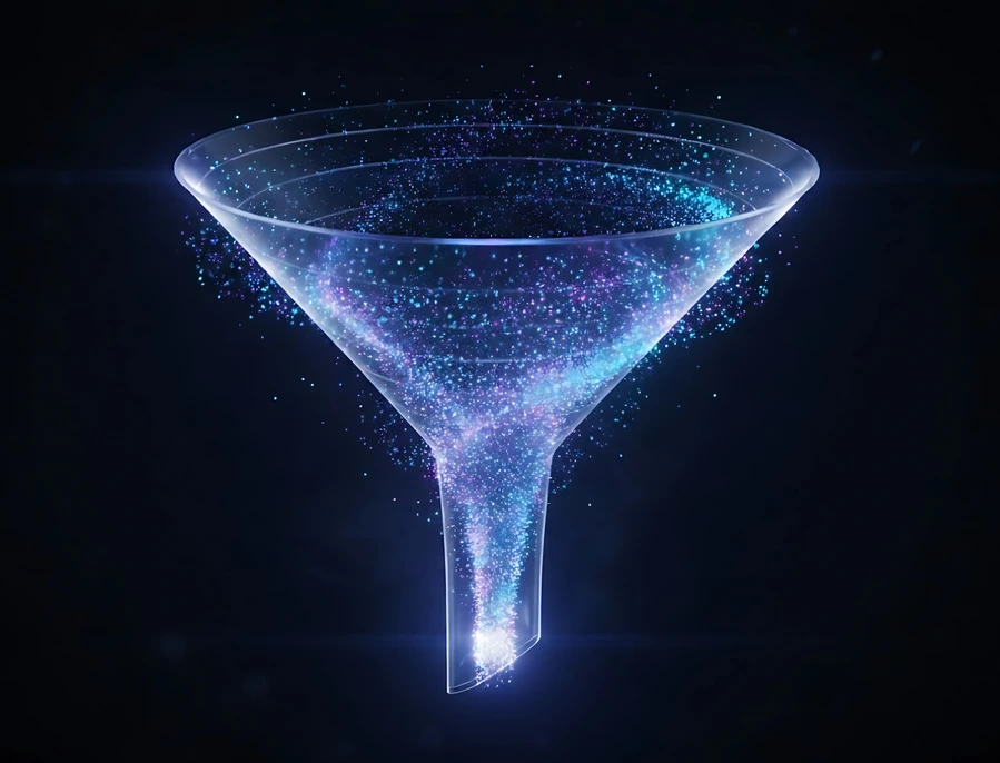 Leuchtendes Martini-Glas aus blauen Partikeln vor dunklem Hintergrund.