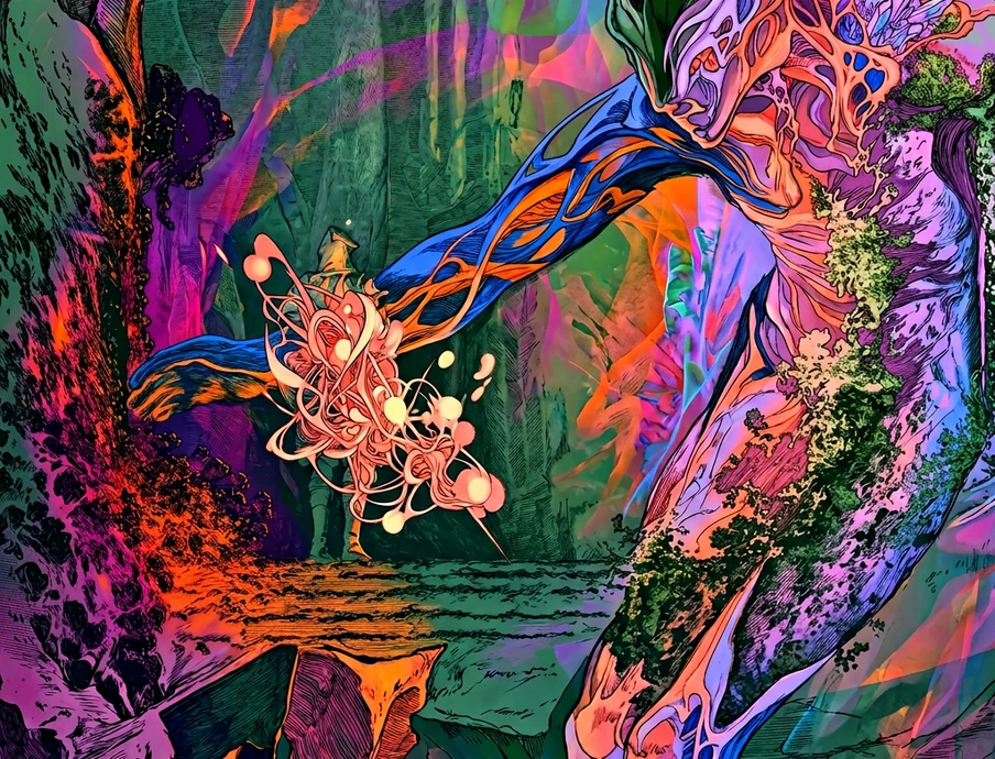 Neonfarbige Komposition mit einer großen, länglichen Figur rechts und einer kleineren pinken Form links vor bunter Landschaft.