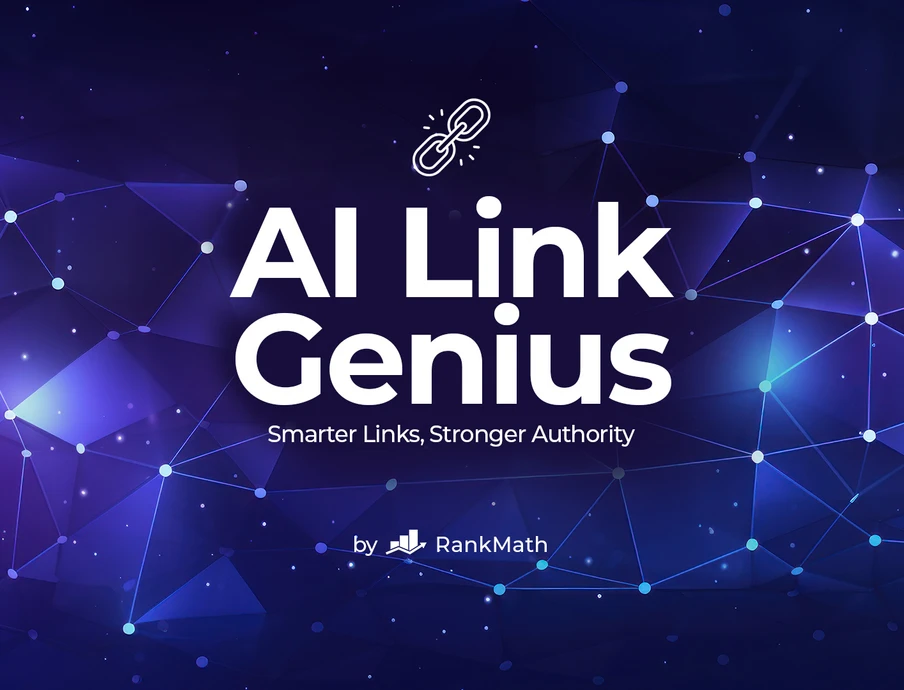 Violetter Netzwerk-Hintergrund mit weißen Texten: 'AI Link Genius' und Unterzeile; Raketen-Icon darüber; 'by RankMath' unten.