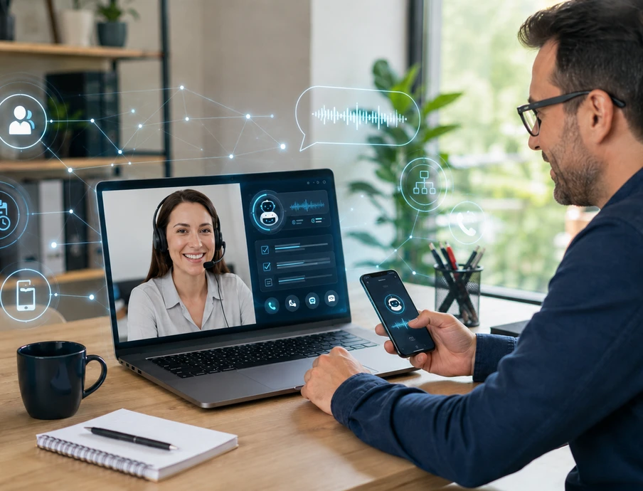 Mann sitzt am Tisch, Smartphone in der Hand; Laptop zeigt Videoanruf-Fenster mit Frau; Pflanze, Notizblock und Kaffeetasse.