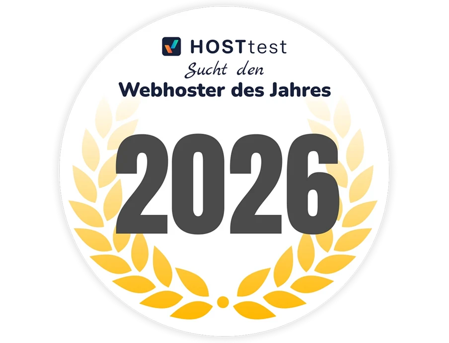 Weißer runder Badge mit goldenen Lorbeerblättern, großer Zahl 2026, Text HOSTtest sucht den Webhoster des Jahres.