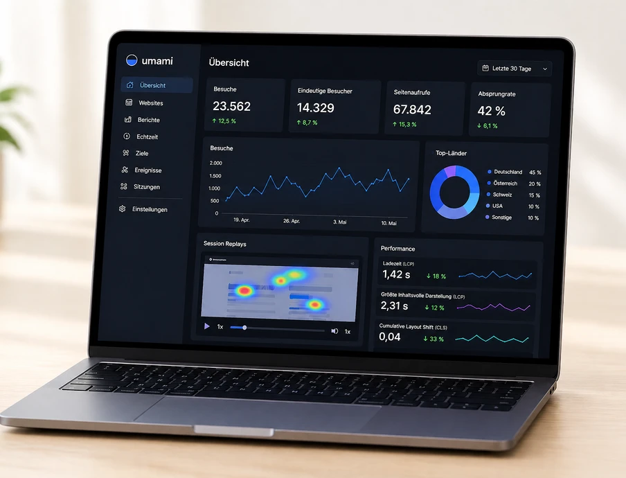 Laptop auf Holztisch, Dashboard mit Diagrammen und Grafiken auf dem Display.