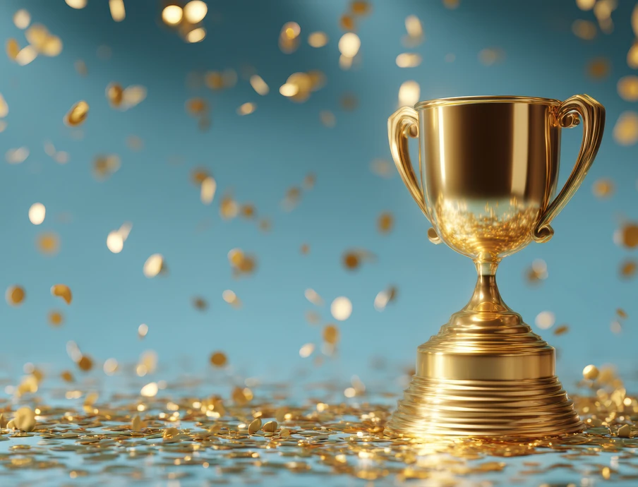 Goldener Pokal auf einer reflektierenden Oberfläche vor blauem Hintergrund, umgeben von Goldkonfetti.