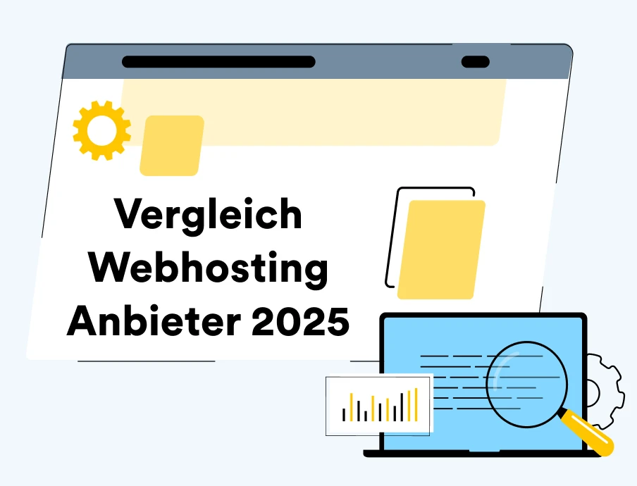 Browserfenster mit dem Text 'Vergleich Webhosting Anbieter 2025', gelber Ordner, Zahnrad, Laptop mit Diagramm und Lupe.