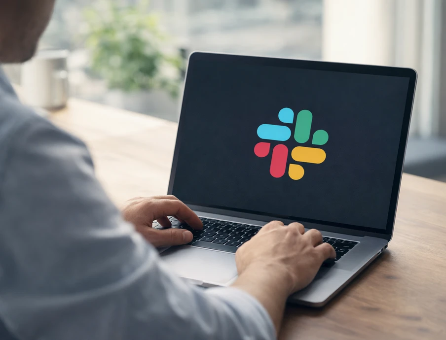 Person tippt an einem Laptop; Slack-Logo sichtbar auf dem Bildschirm.