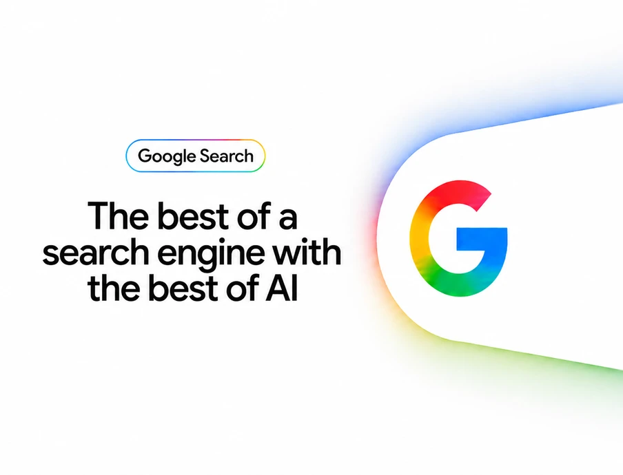 Weißer Hintergrund; links Text 'The best of a search engine with the best of AI' und kleines Google Search-Logo; rechts ein großes, farbiges G-Symbol mit Verlauf.