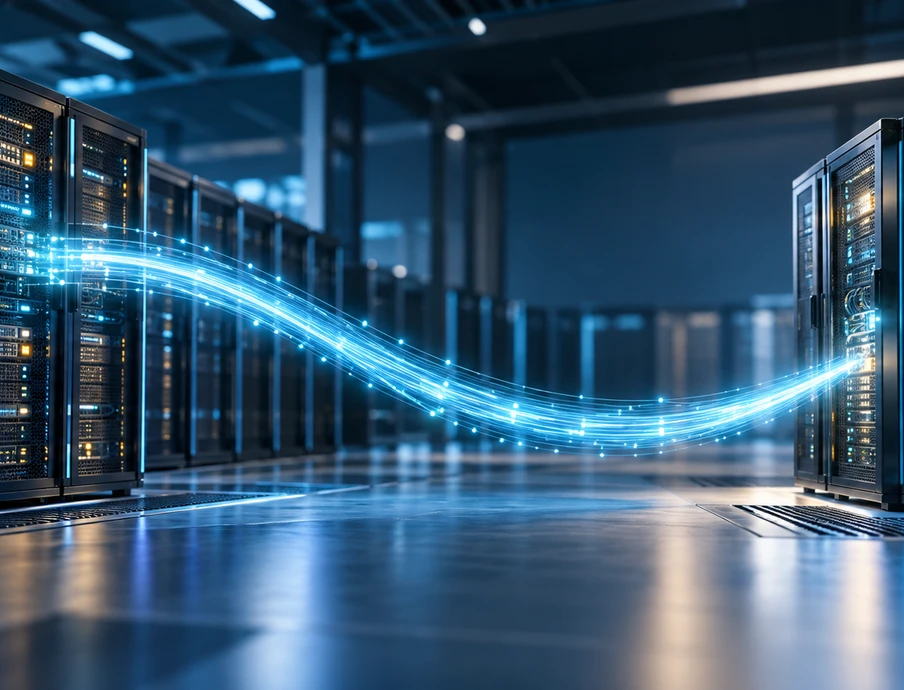 Reihen von Server-Racks in einem Rechenzentrum; eine blaue Lichtspur spannt sich zwischen ihnen über den glatten Boden.