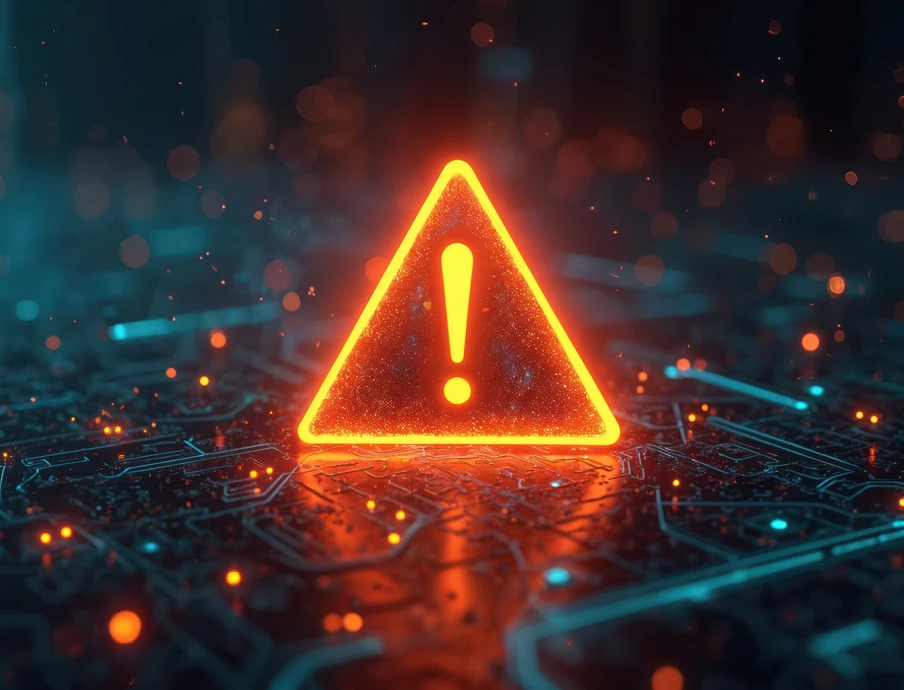 Orangenes Dreieck mit Ausrufezeichen leuchtet; auf einer blau-orange glühenden Leiterplatte.