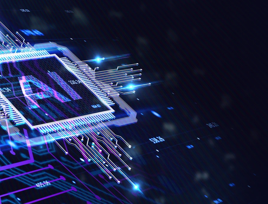 Leuchtender Mikroprozessor mit AI-Aufschrift, umgeben von blauen Leiterbahnen und leuchtenden Linien.