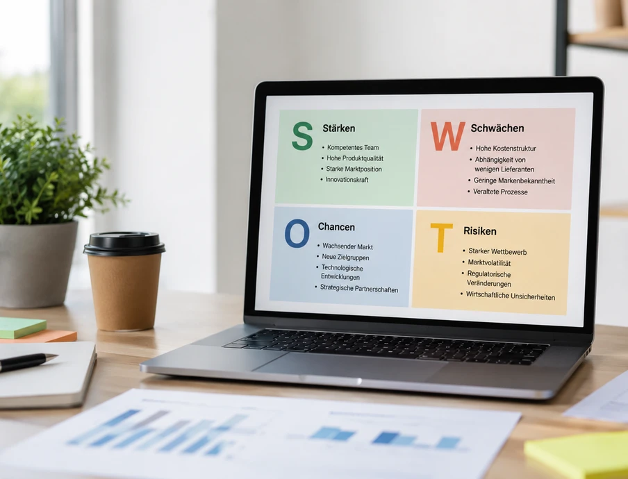 Laptop mit SWOT-Diagramm auf dem Bildschirm; Pflanze, Kaffeebecher, Notizblock, Stifte und Unterlagen liegen auf dem Tisch.