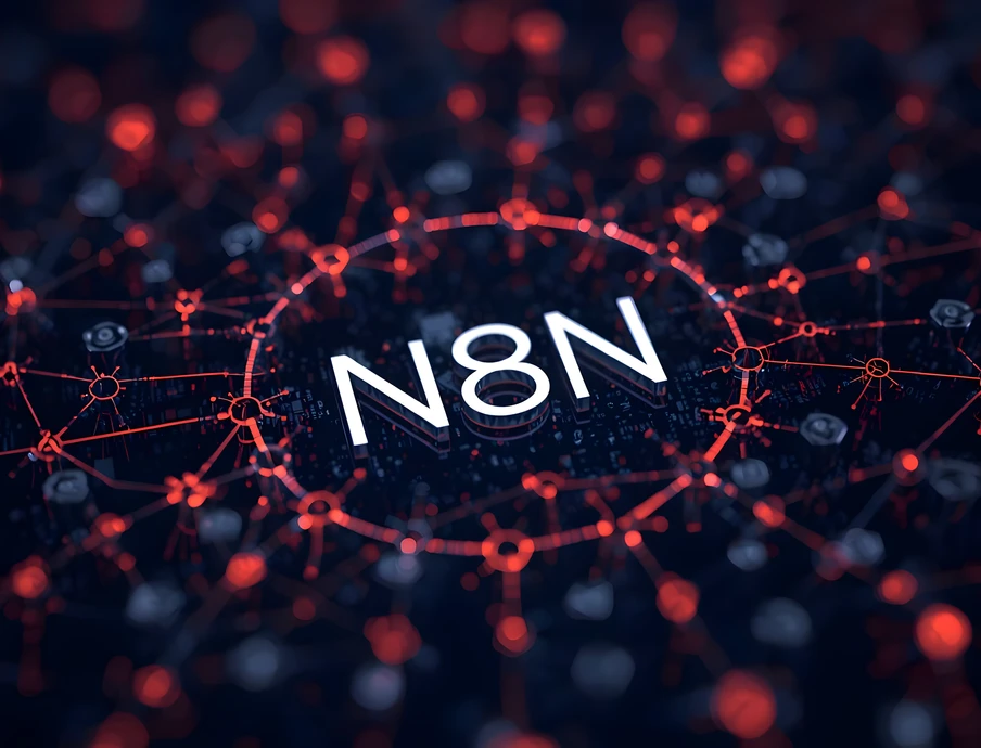 Dunkler Hintergrund mit roten vernetzten Linien und Knoten, zentral der weiße Text N8N.
