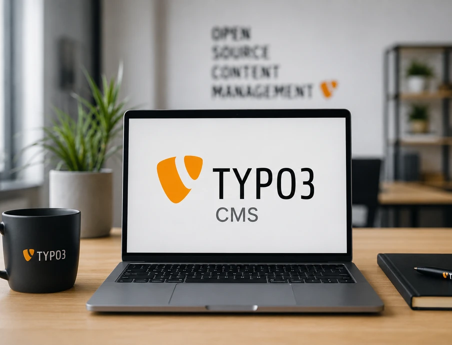 Laptop auf Holztisch mit TYPO3 CMS-Logo auf dem Bildschirm; Becher mit TYPO3-Logo, Stift, Pflanze, Regal im Hintergrund.