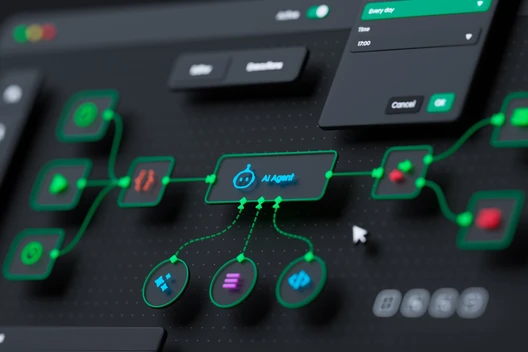 Dunkles UI-Dashboard mit grün leuchtenden Verknüpfungen, zentraler blauer Block und vernetzten runden Symbolen.