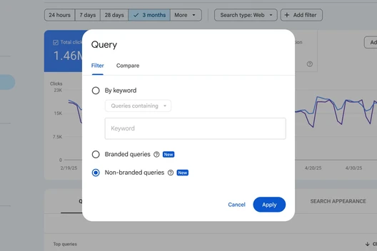 Dialogfenster 'Query' mit Filter/Compare; Auswahl 'By keyword' mit Feld 'Keyword'; Branded/Non-branded Queries; Cancel, Apply.