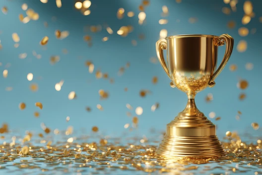 Goldener Pokal auf einer reflektierenden Oberfläche vor blauem Hintergrund, umgeben von Goldkonfetti.