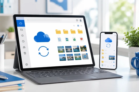 Tablet zeigt Cloud-Icon, Ordner und Fotos; Smartphone zeigt ähnliche Anzeige; Schreibtisch mit Pflanze, Becher.