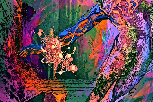 Neonfarbige Komposition mit einer großen, länglichen Figur rechts und einer kleineren pinken Form links vor bunter Landschaft.