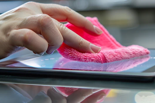 Nahaufnahme einer Hand, die einen pinken Mikrofaserlappen über eine glänzende, reflektierende Oberfläche reibt.